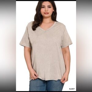 Zenana Plus Size Washed Shirt Sleeve V-neck Shirt